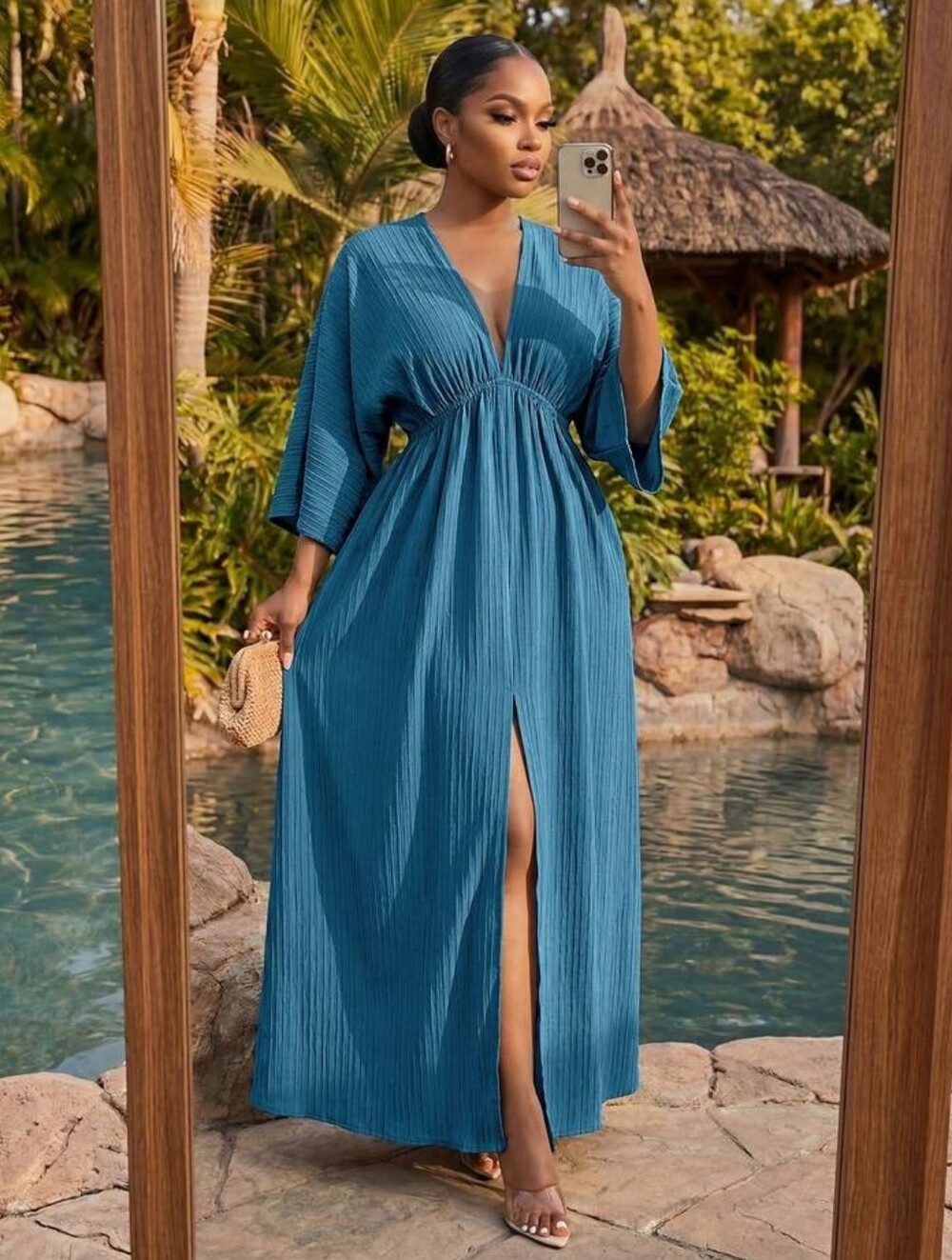 Women's Plus Size  3X Deep V Neck Maxi Dress Teal Dressy